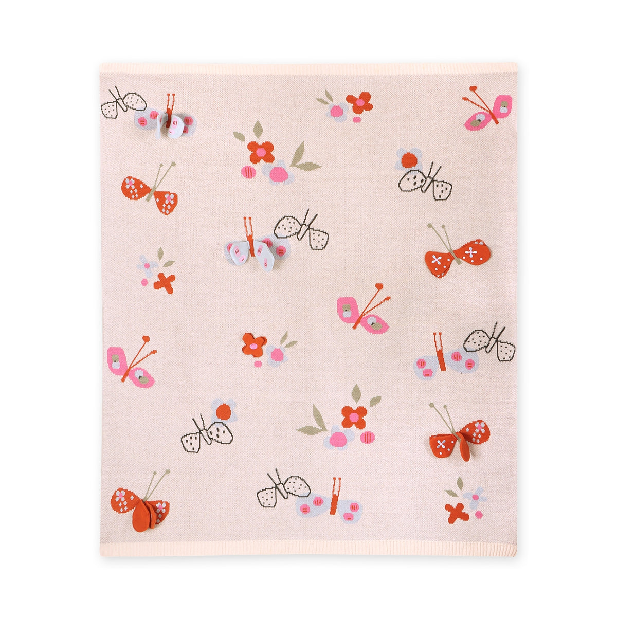 Baby blanket with butterfly and flower pattern on a light pink background