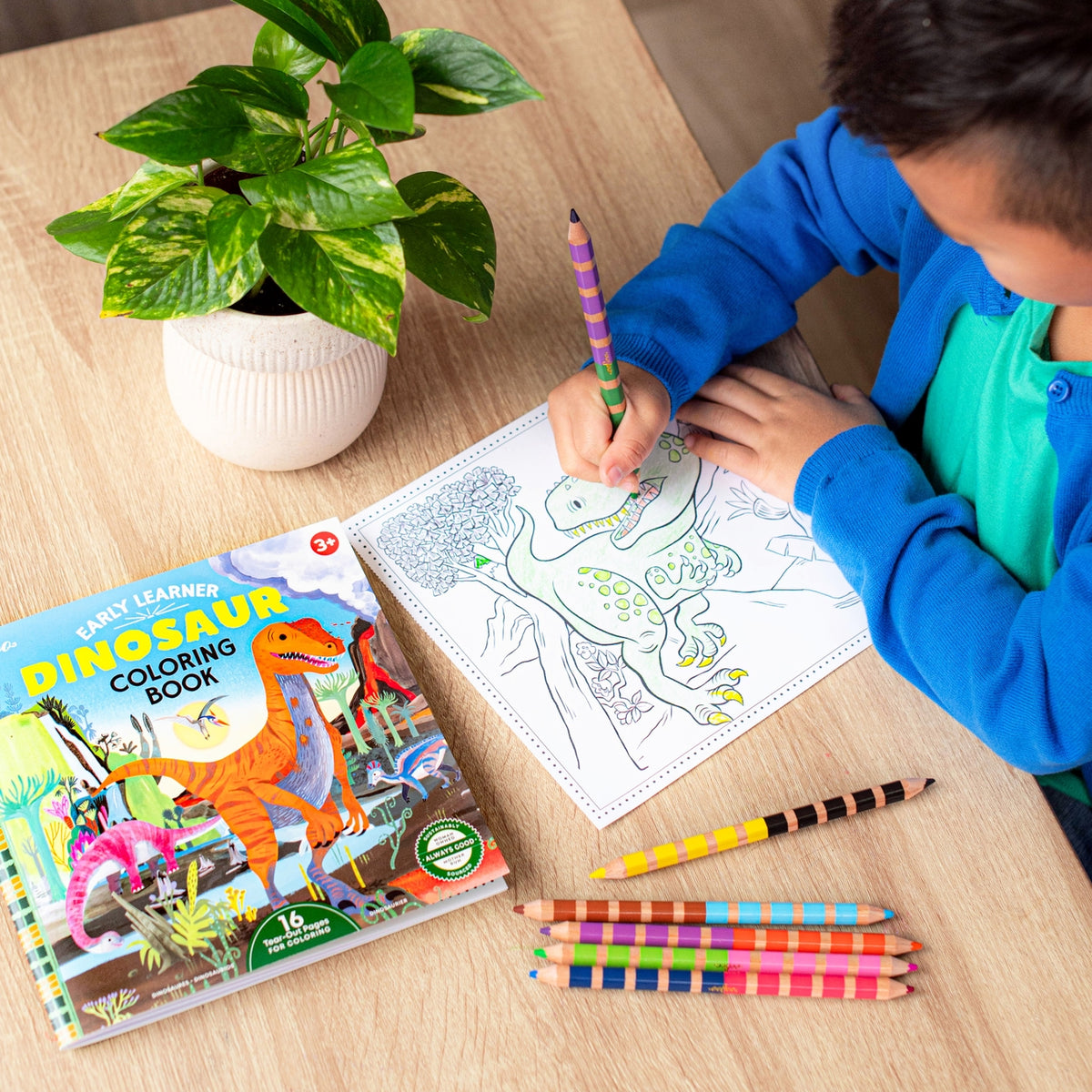 Child coloring a dinosaur picture with a coloring book and pencils on a table.