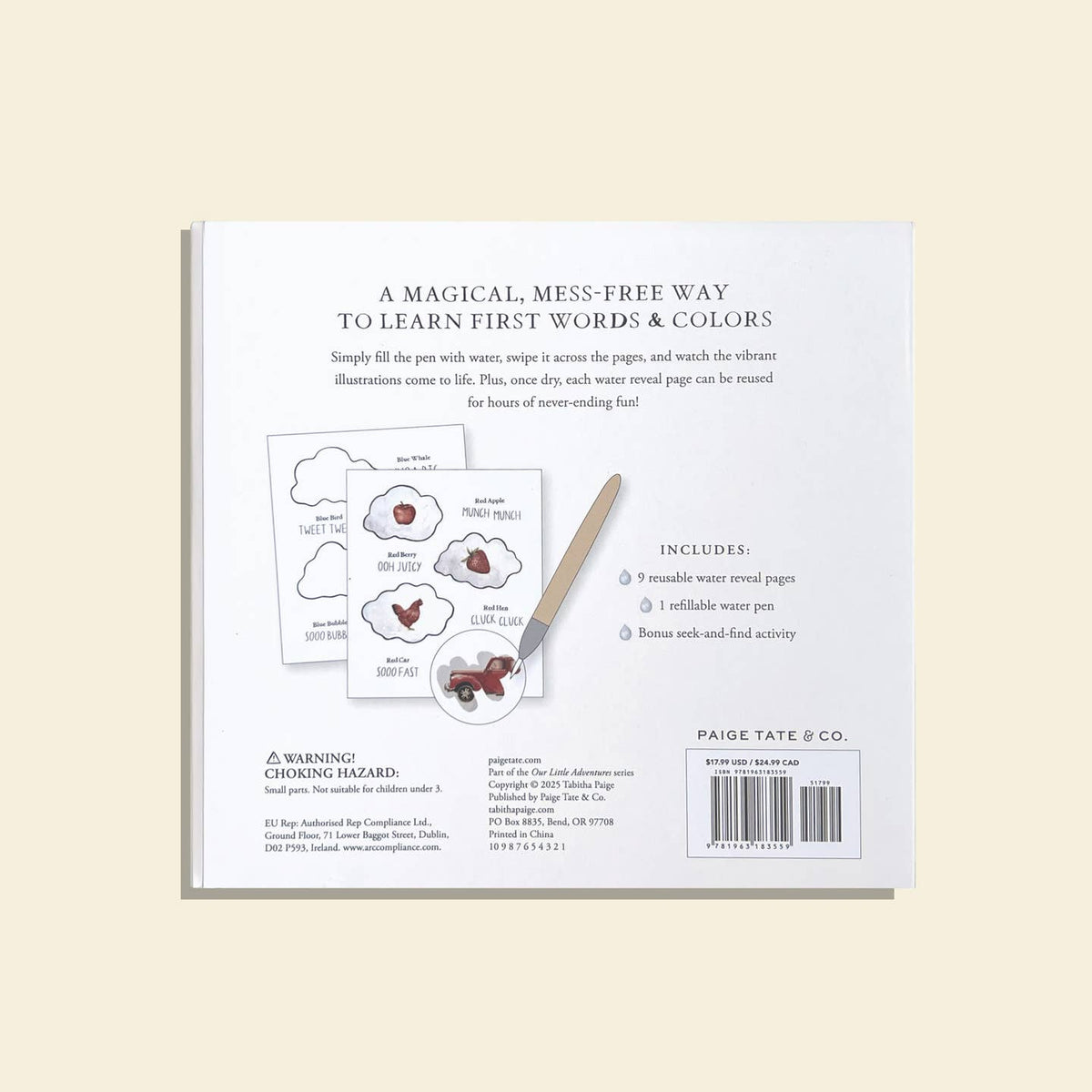 The back cover of the 'A Magical, Mess-Free Way to Learn First Words & Colors' activity book by Paige Tate & Co., displayed on a light beige background.