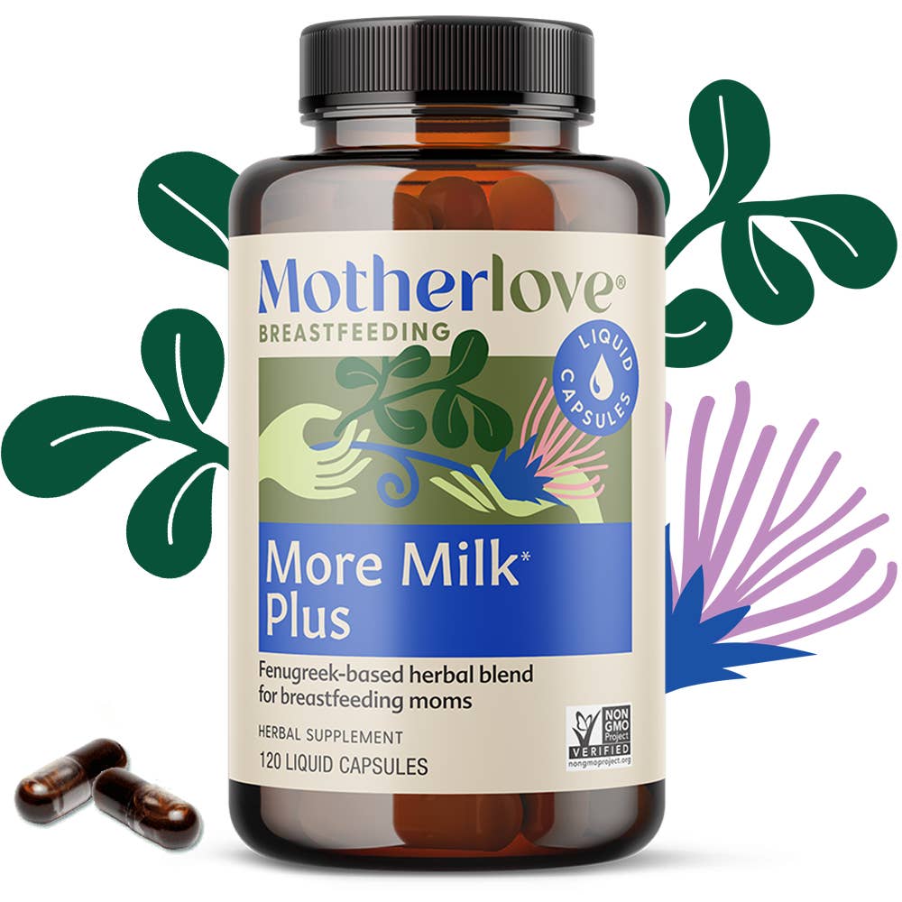 Motherlove More Milk Plus supplement bottle with capsules on a white background