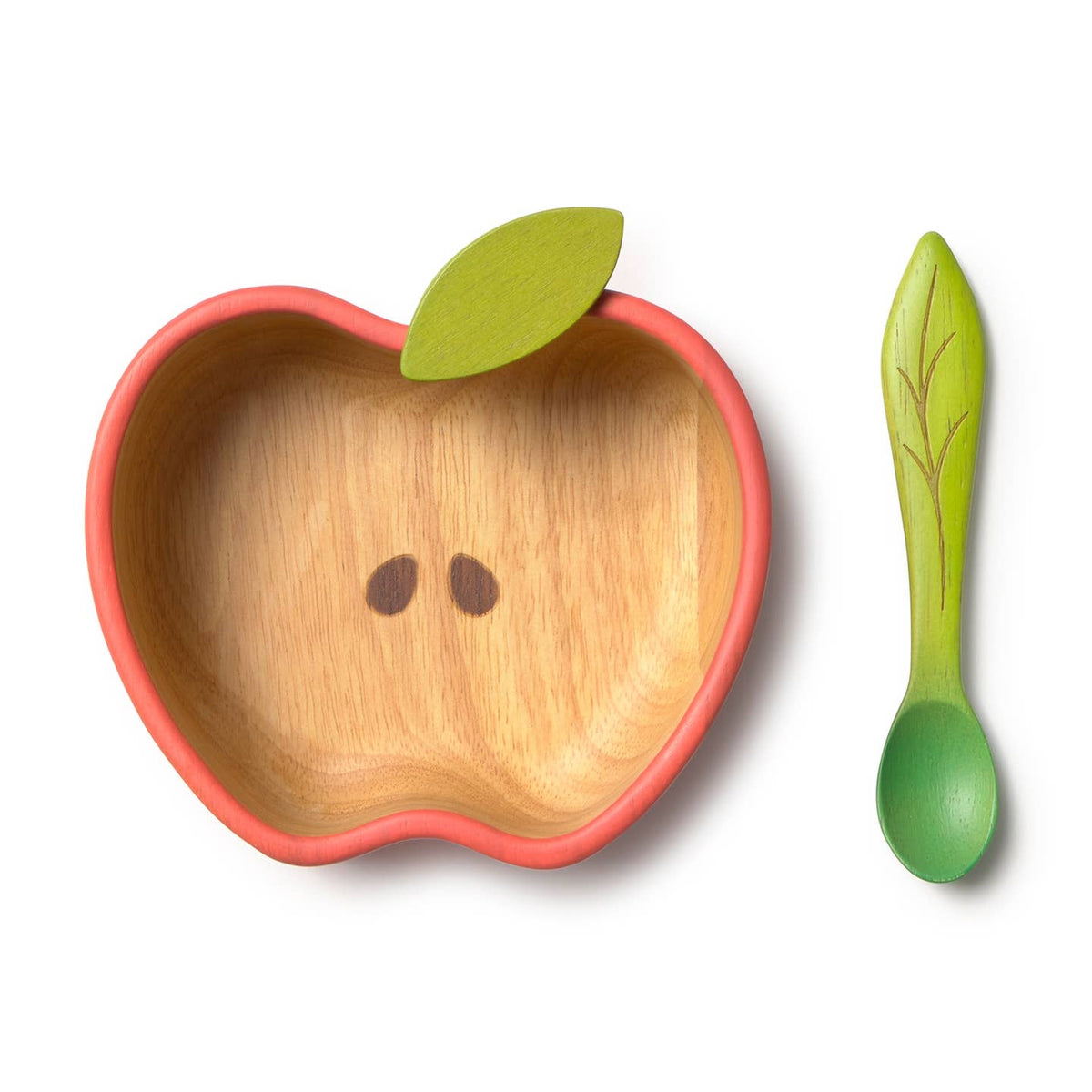 Wooden apple-shaped bowl with a green leaf and matching spoon on a white background