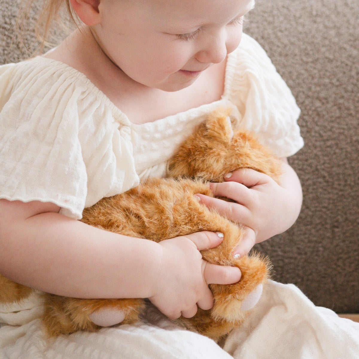 Child holding a plush tiger toy with a soft background