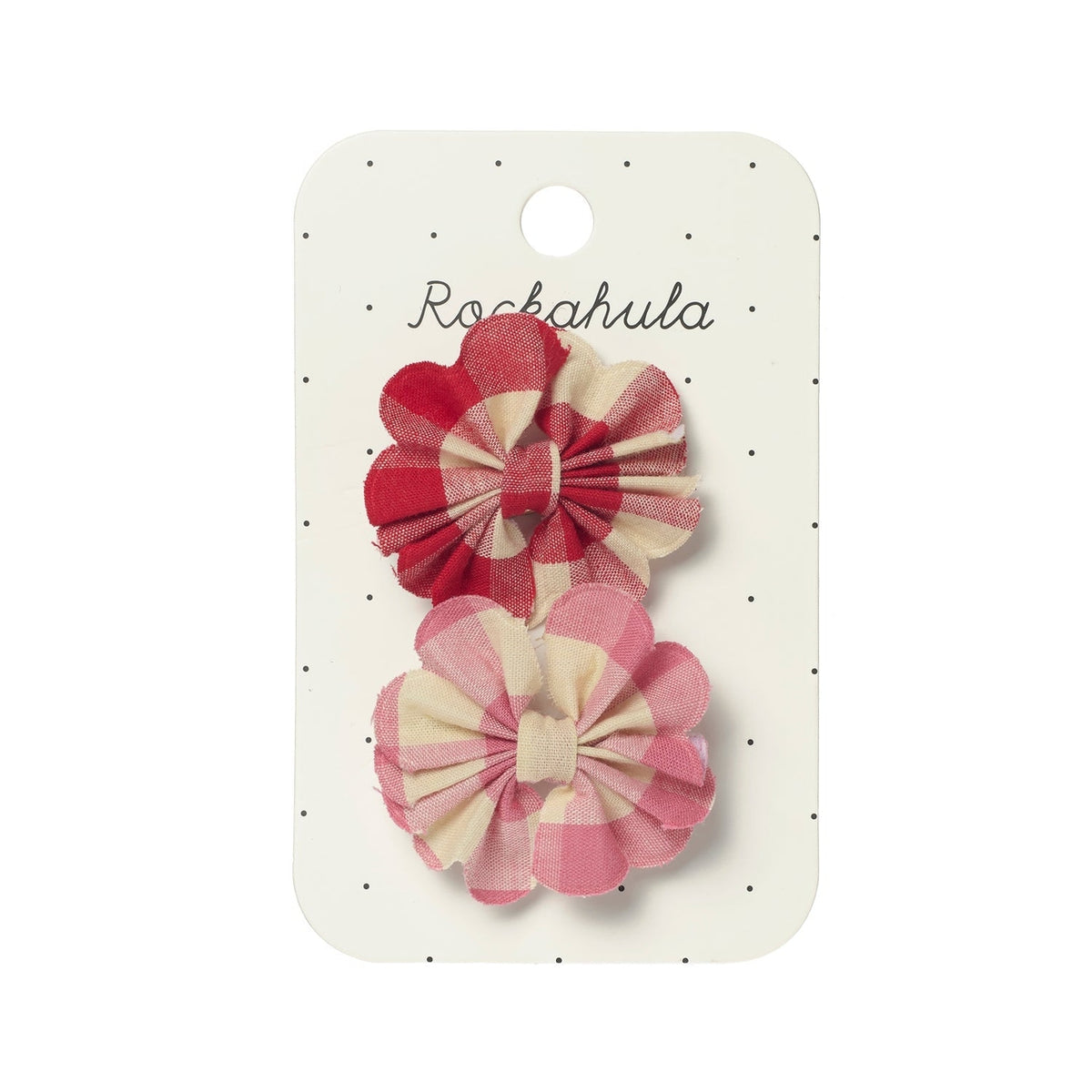 Two checkered hair bows on a Rockahula branded card against a white background