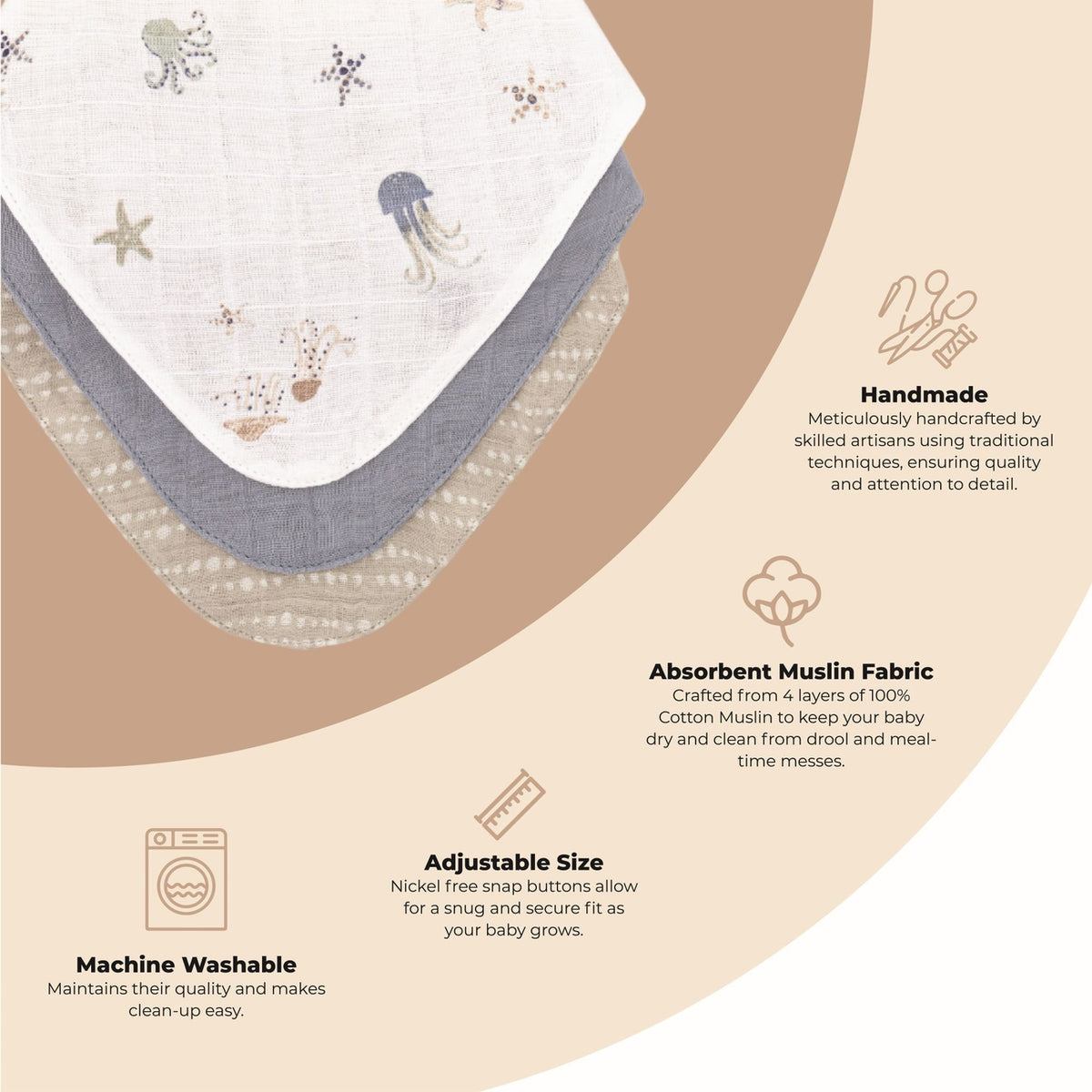 Set of baby bibs with fabric details and icons on a beige background