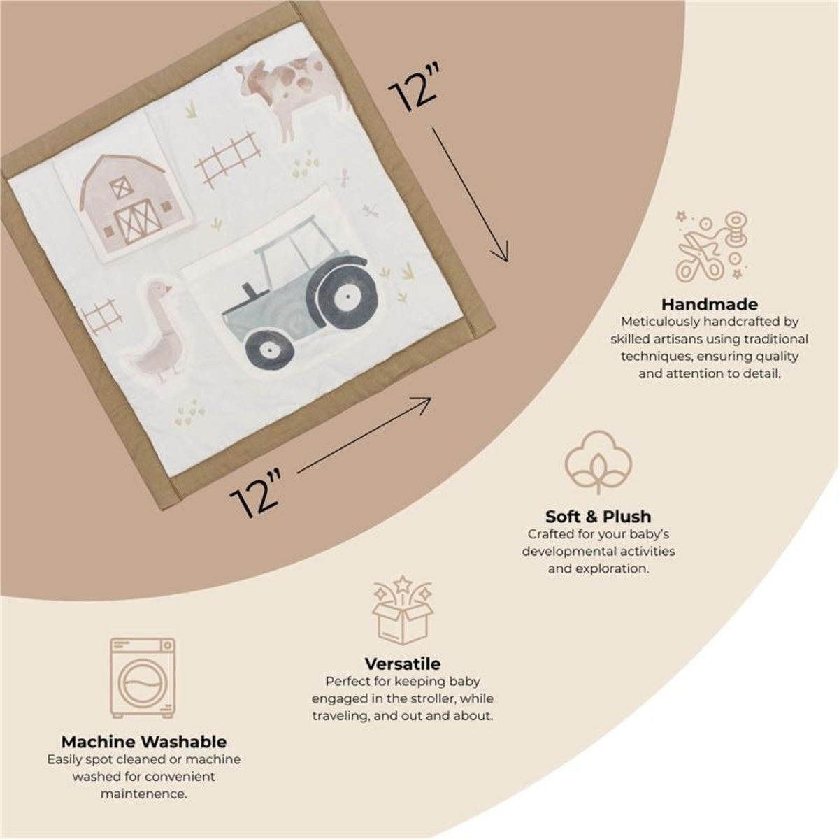 Baby mat with farm animal design, measurements, and features on a beige background