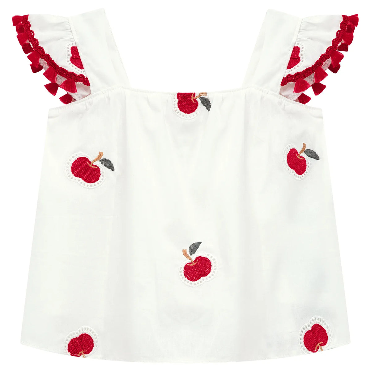 White dress with red apple designs and ruffled sleeves on a white background