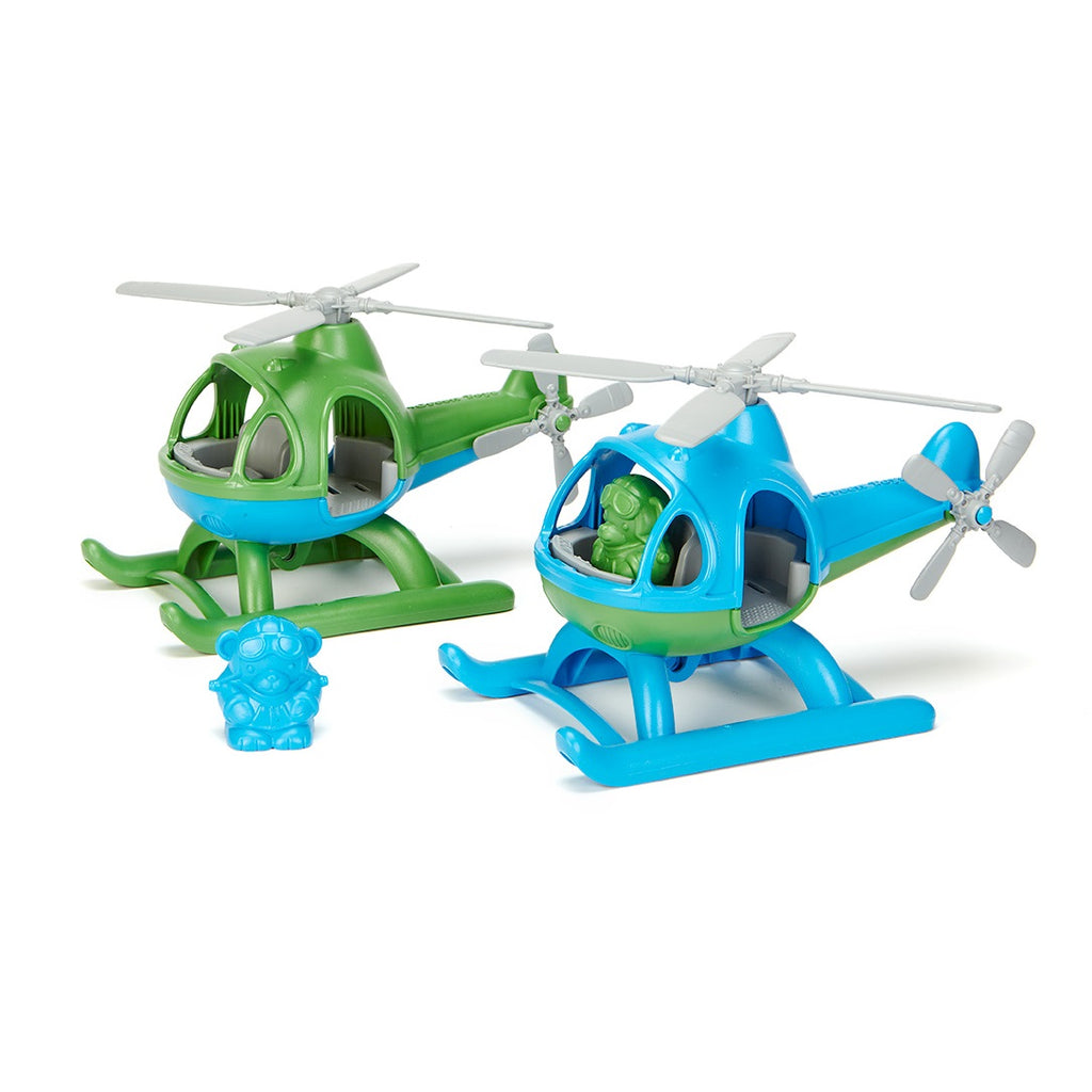 Two toy helicopters, one green and one blue, on a white background.