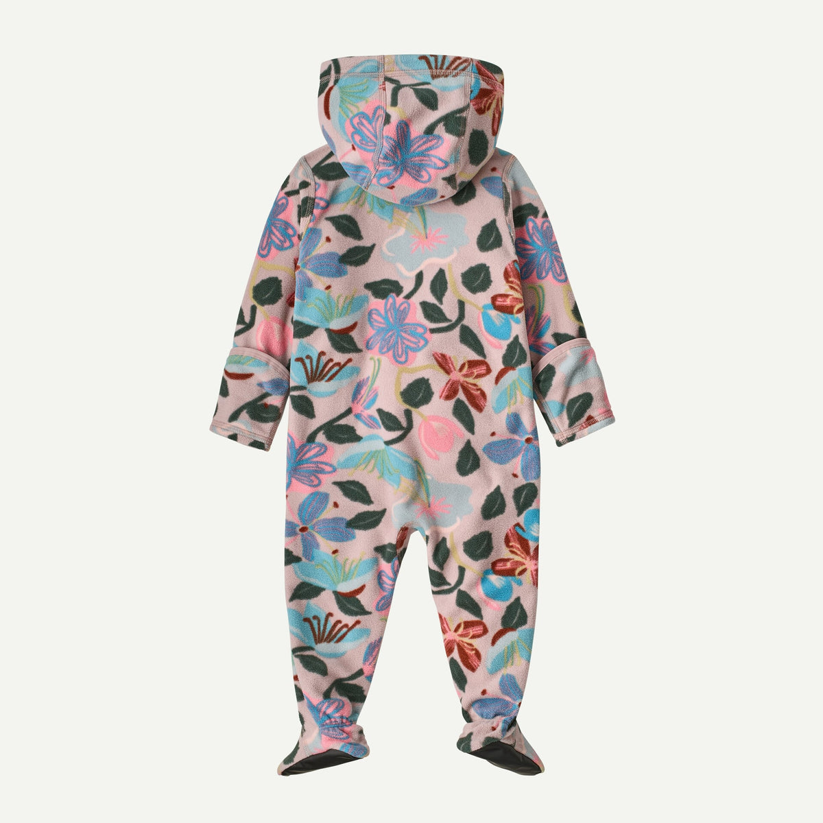 A hooded footed one-piece jumpsuit with a colorful floral and leaf pattern on a light pink base, shown from the back against a light gray background.