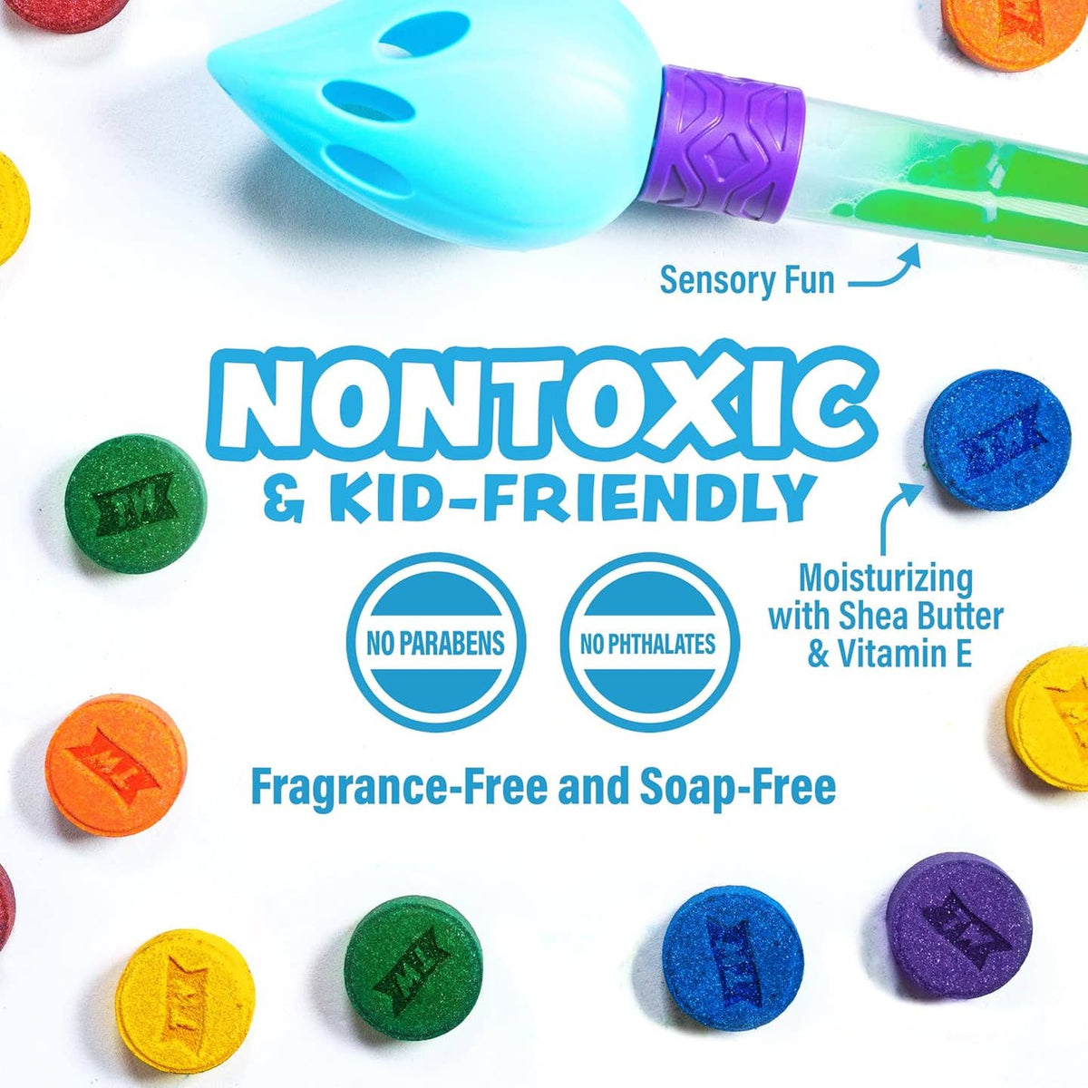 Colorful sensory toys with text highlighting non-toxic and kid-friendly properties on a white background.