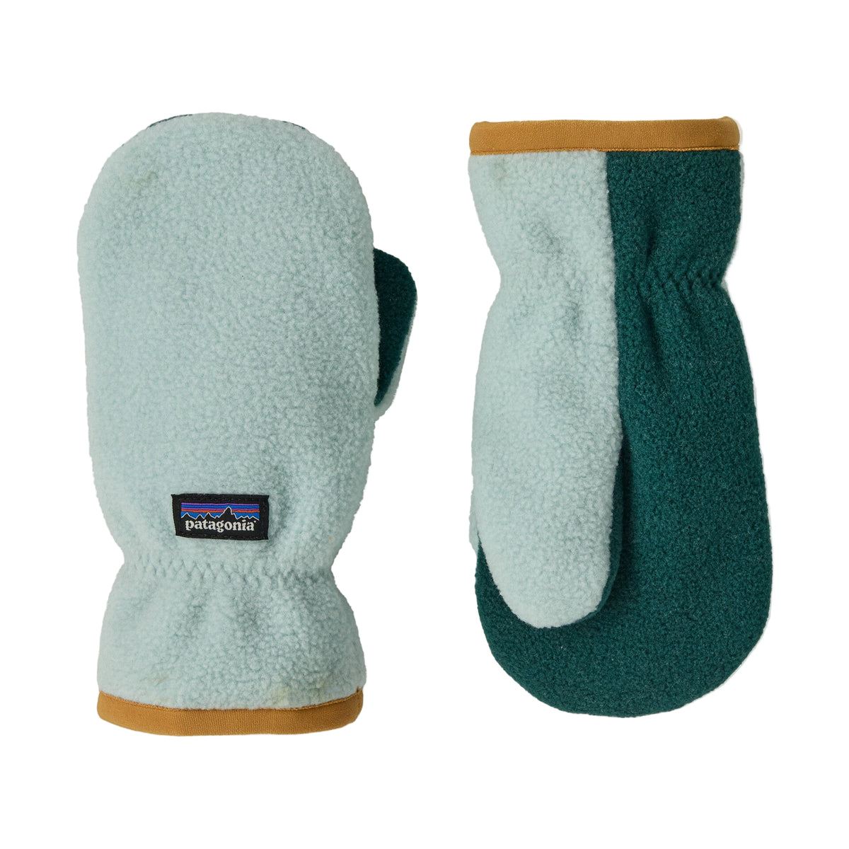 Two mittens, one light blue and one green, with Patagonia logo on a white background