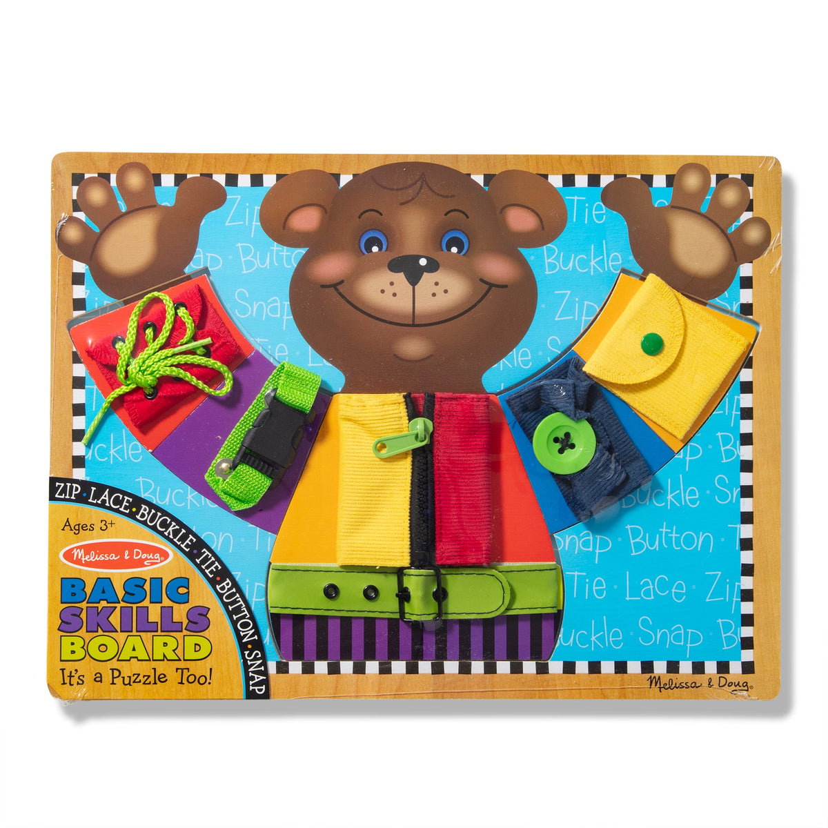 Educational toy board with bear character and various educational elements on a white background