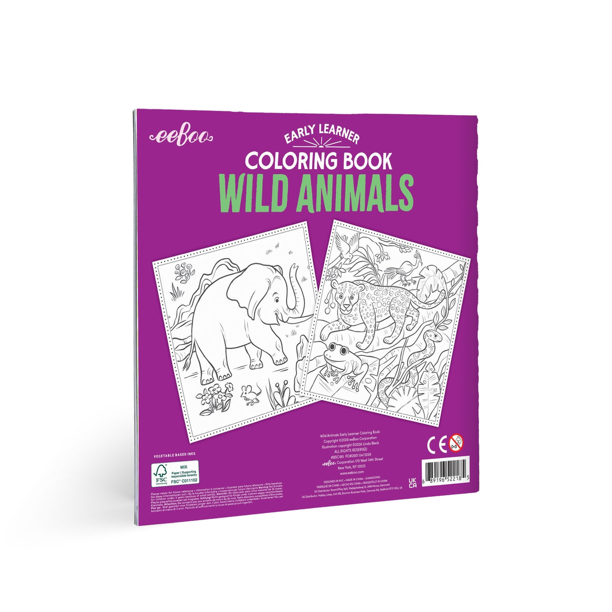 Coloring book for wild animals with purple cover and two animal illustrations on a white background