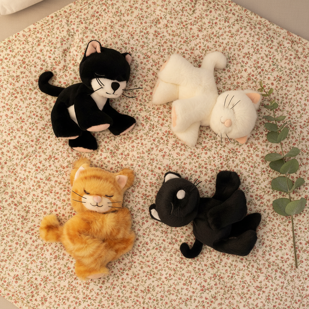 Four plush cat toys on a floral-patterned surface