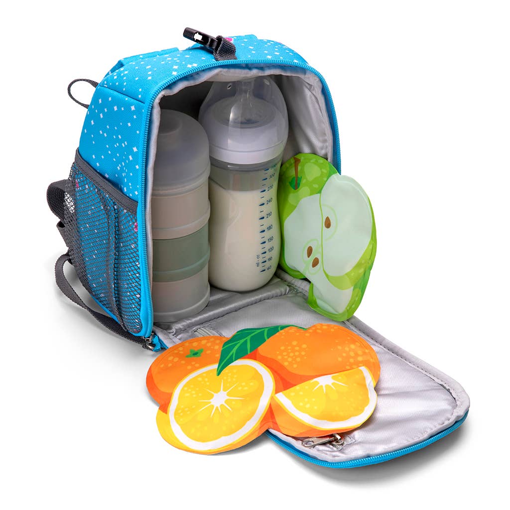 Blue insulated cooler bag with baby bottles, containers, and fruit-themed compartments on a white background