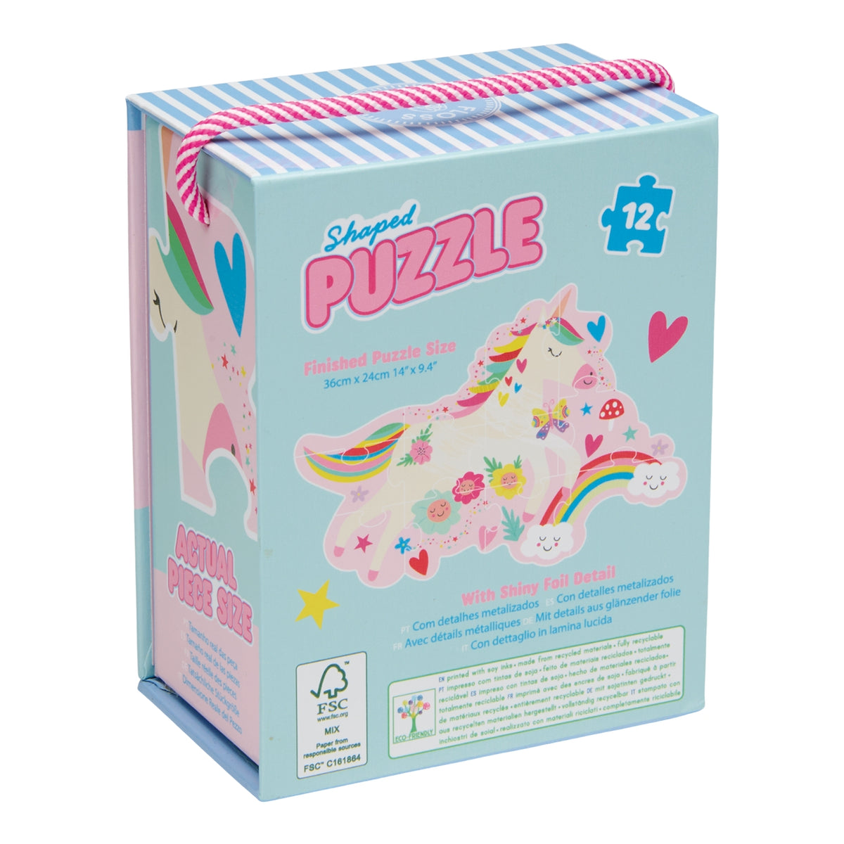 Unicorn-shaped puzzle packaging with colorful design on a white background