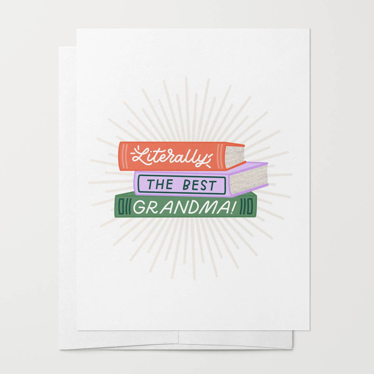 Greeting card with books and text 'Literally the best grandma!' on a white background