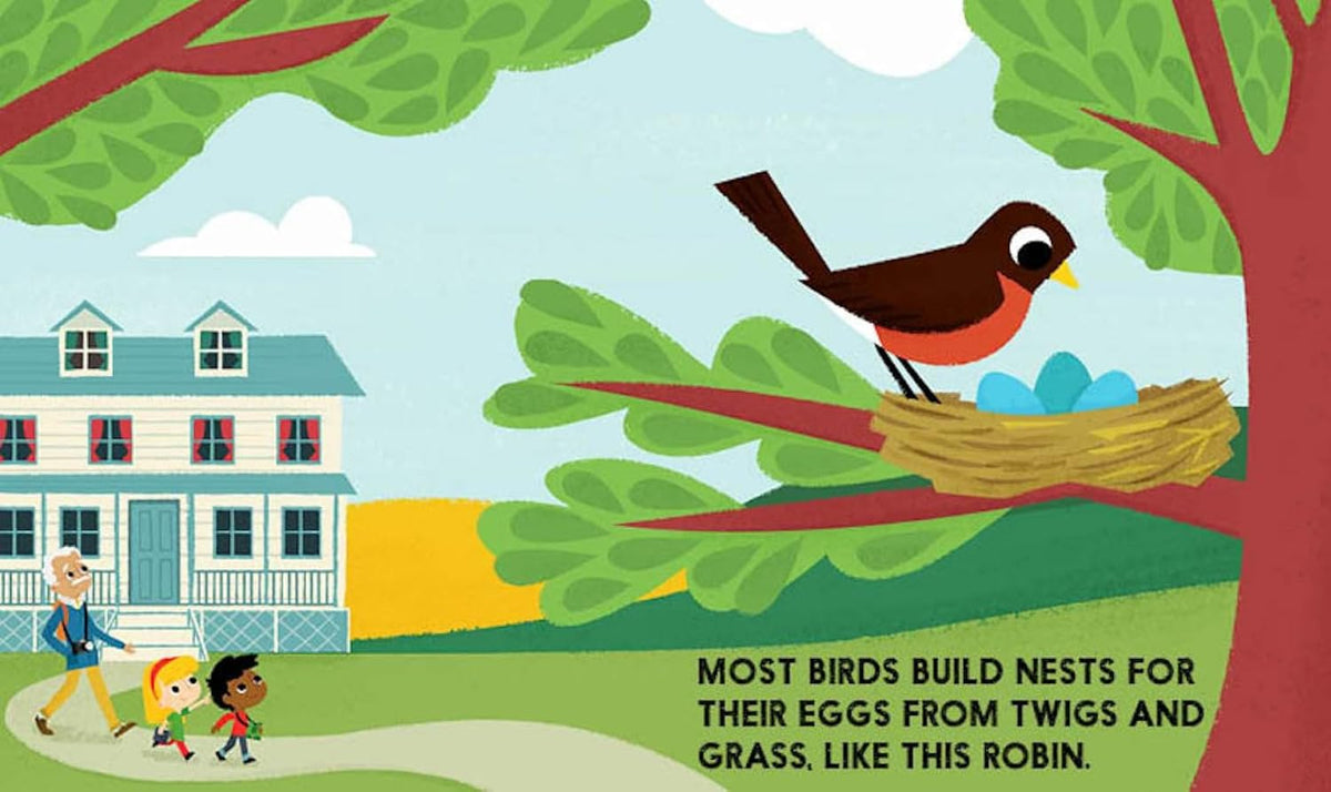 Illustration of a robin building a nest with children and a house in the background
