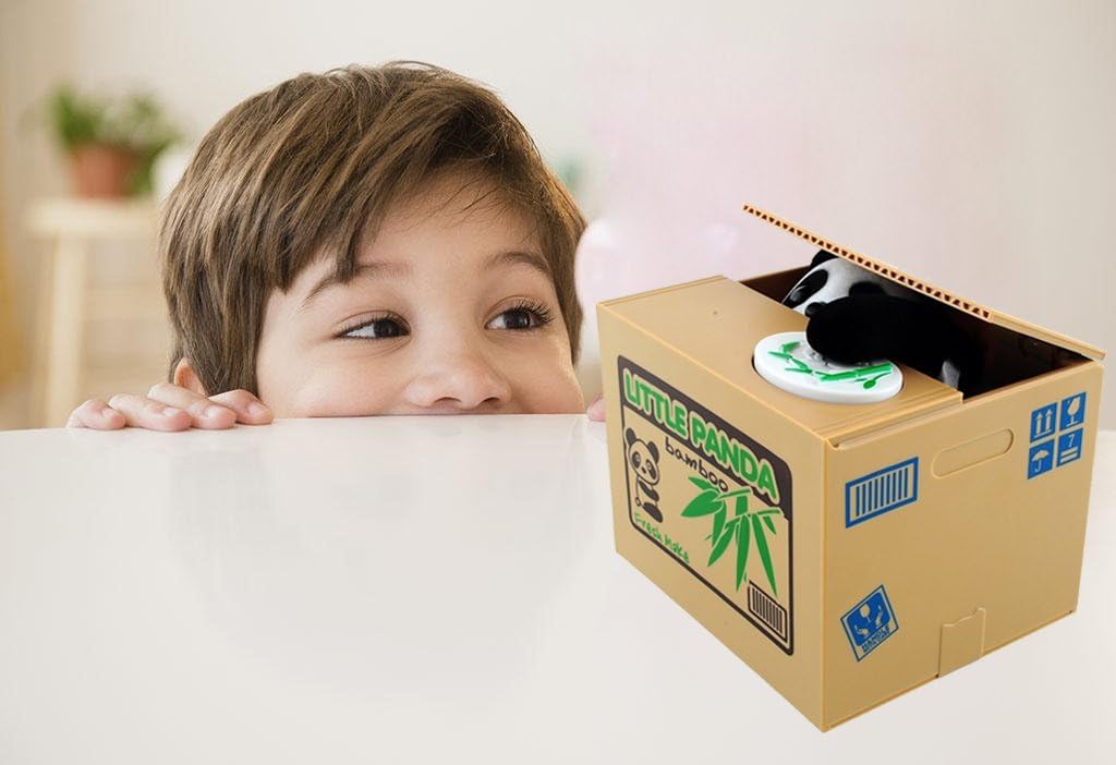 Child peeking over a cardboard box with a Little Panda product on a light background