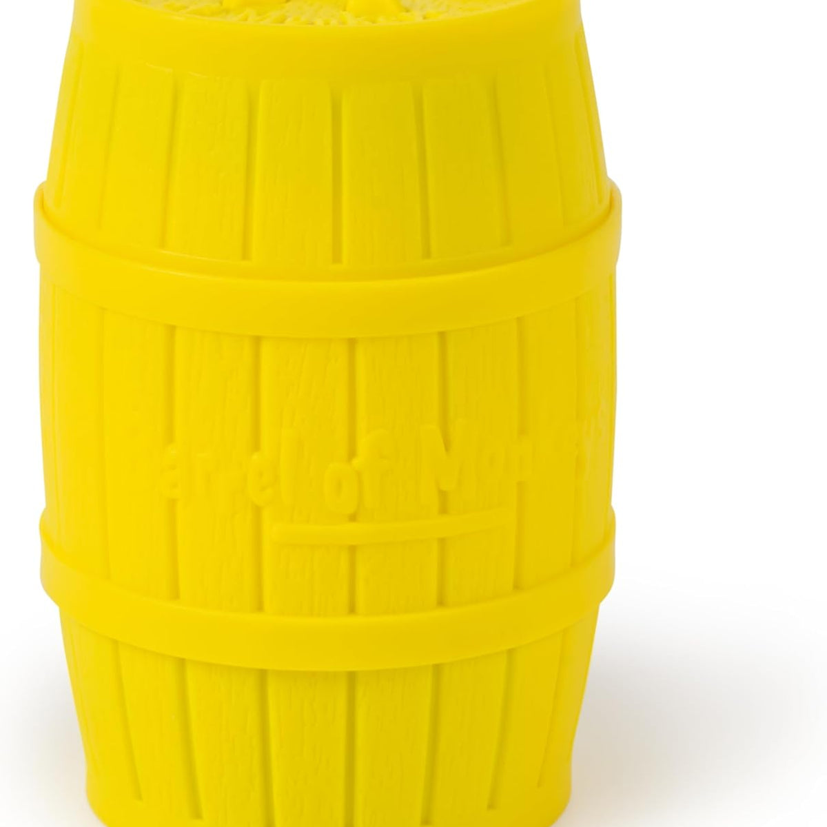A closed yellow plastic storage barrel from the Barrel of Monkeys Game by Continuum Games standing upright against a white background.