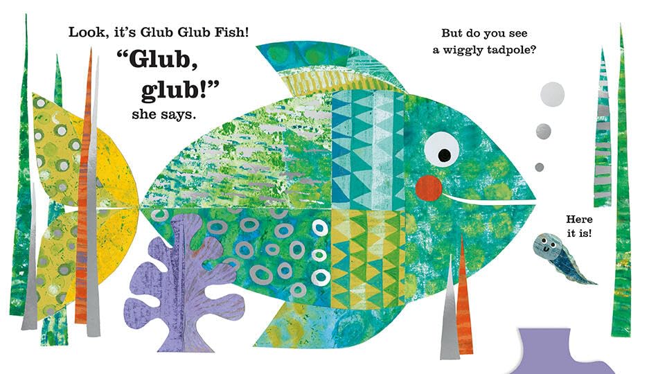 A colorful children's book or art print featuring a stylized fish made of patchwork patterns in teal, green, yellow, blue, and purple, with playful text and underwater shapes on a white background.