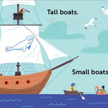 Cartoon illustration of a large ship and smaller boats with text 'Tall boats.' and 'Small boats'.