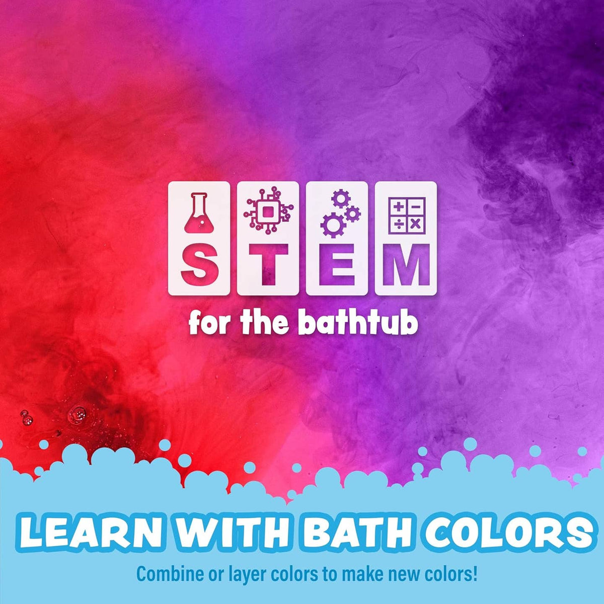 STEM for the bathtub logo on a colorful background with text about learning with bath colors.
