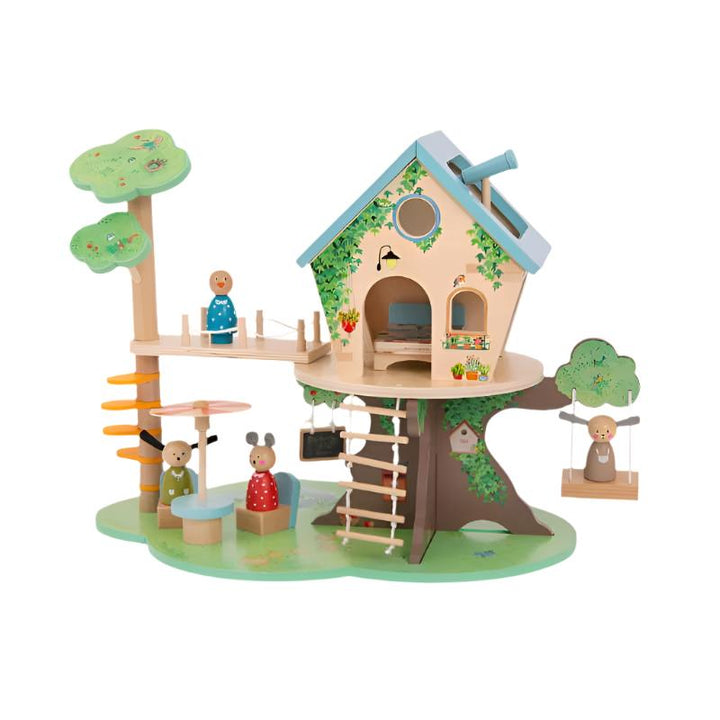 Treehouse toy set with wooden figures on a white background