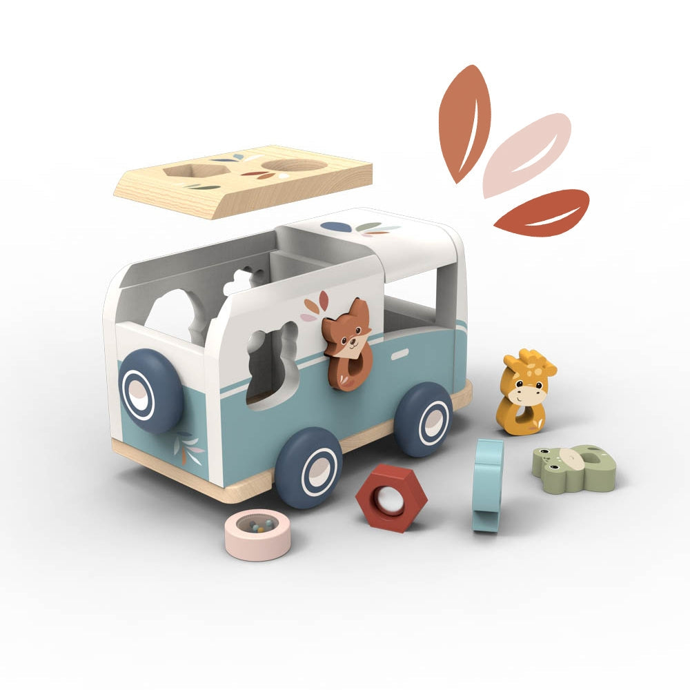 Wooden toy van with animal figures and shape sorter on a white background