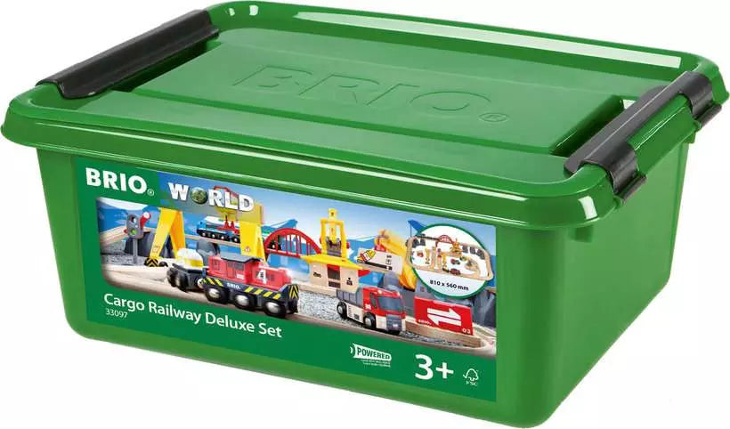 Green BRIO World toy storage box with a cargo railway deluxe set on the label