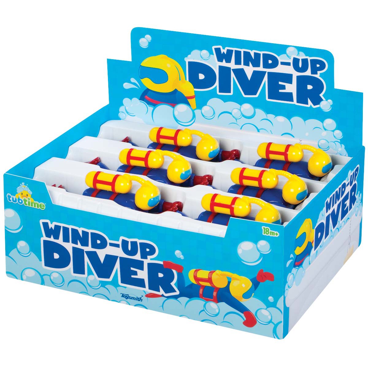 Box of wind-up divers with blue and yellow design