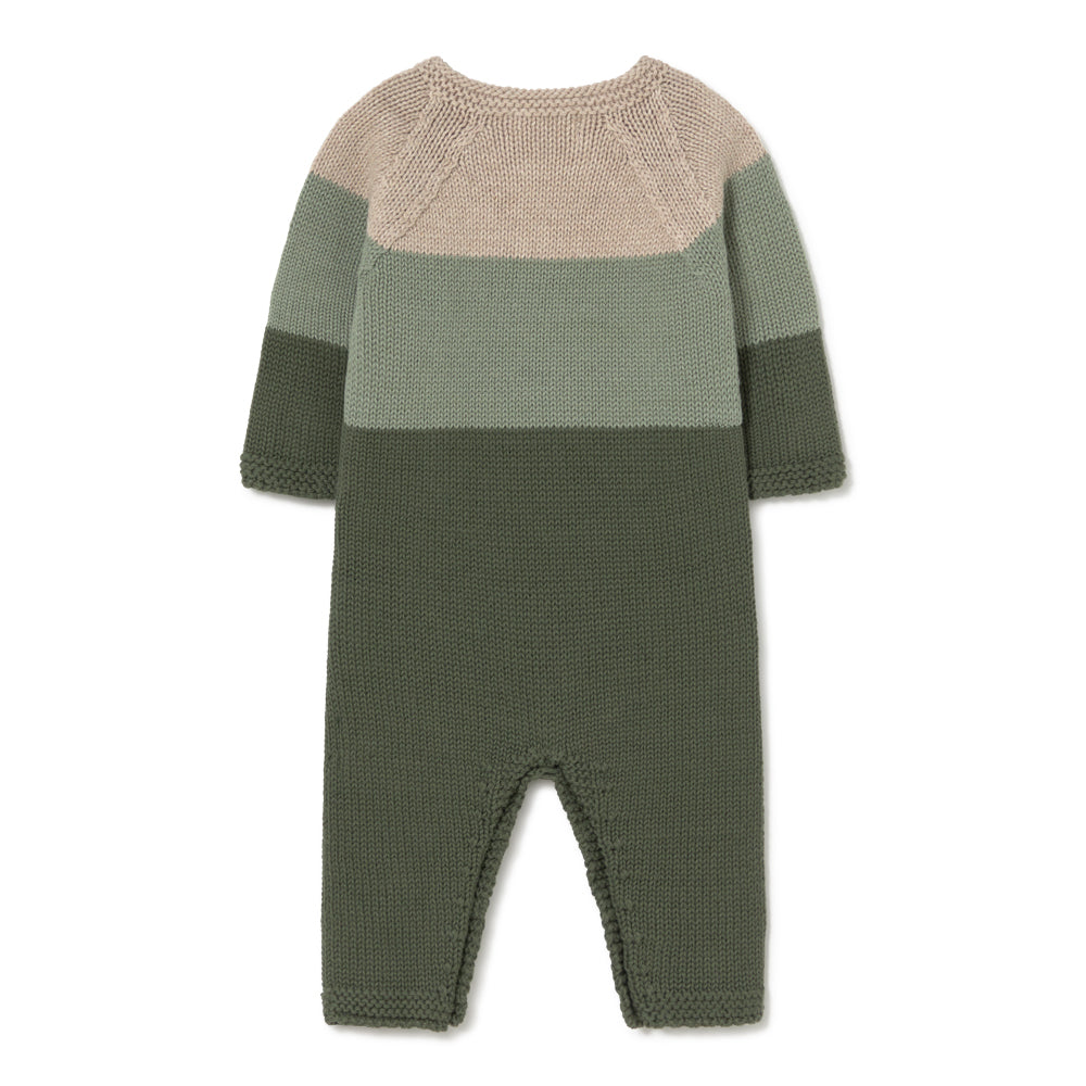A knitted baby romper with horizontal color-blocked stripes in beige, sage green, and olive green, shown flat against a white background.