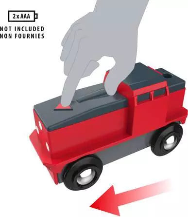 Red and gray toy train with a hand pressing a button, indicating it is not included.