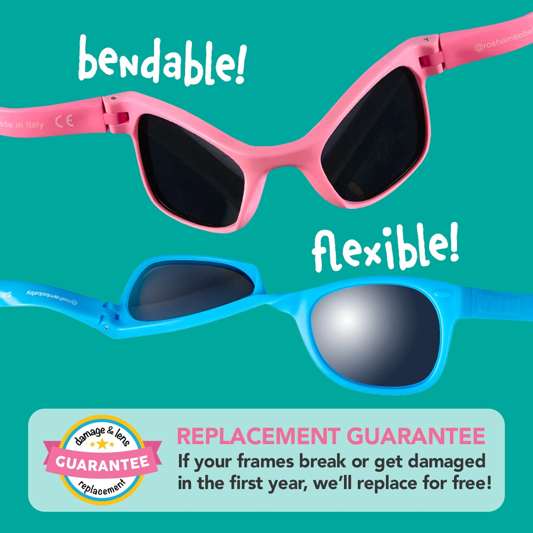 Pink and blue bendable sunglasses with a replacement guarantee on a teal background