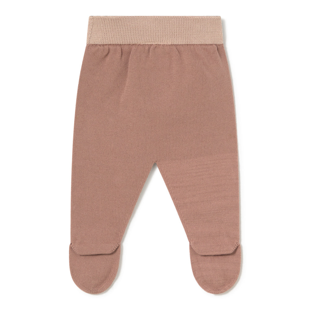 A pair of baby footed knit pants in a dusty rose pink color, featuring a ribbed elastic waistband, shown flat on a white background.