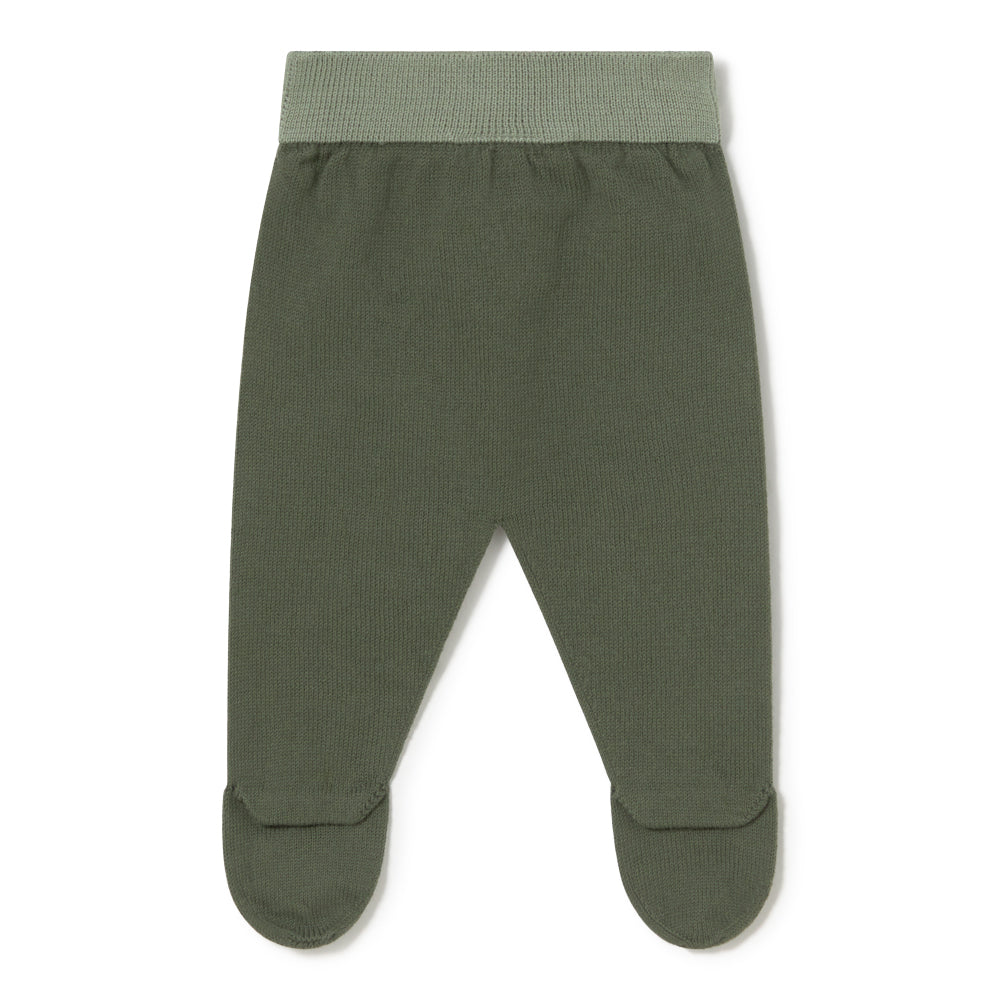 A pair of infant footed knit pants in olive green, featuring a ribbed elastic waistband and toe caps, shown flat against a white background.