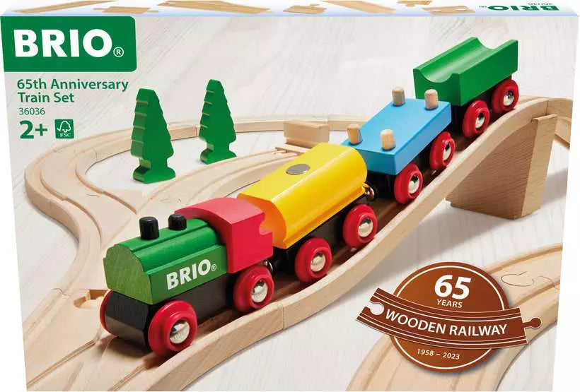 BRIO 65th Anniversary Train Set packaging with wooden train and track