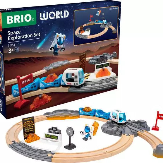 Brio World Space Exploration Set toy train track and train set displayed in front of its retail box on a white background. The set includes wooden train tracks, a blue and white train, a small astronaut figure, a station platform, and space-themed accessories.