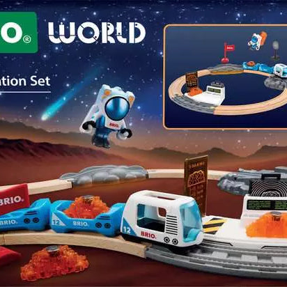 Brio World Space Exploration Set toy train track and train set displayed in front of its retail box on a white background, featuring wooden tracks, a blue and white train, an astronaut figure, and space-themed accessories.