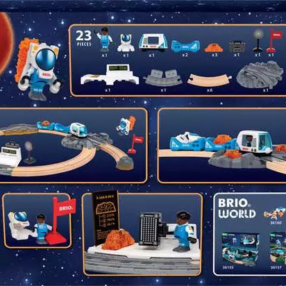 Back of the Brio World Space Exploration Set retail box featuring product contents, layout examples, and space-themed illustrations against a cosmic background.