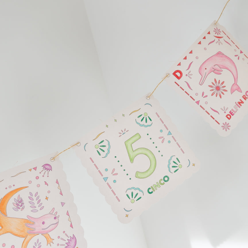 A close-up of a decorative banner with three triangular flags hanging on a string against a white wall. The center flag says “5” and “Díaá” in green and pink lettering, decorated with small green and pink motifs.