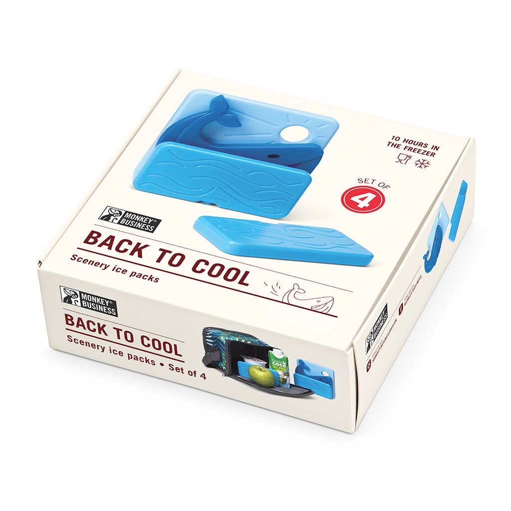 Box of 'Back to Cool' scenery ice packs with blue ice packs on a white background