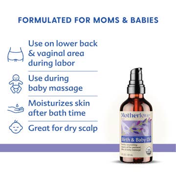 Motherlove Birth & Baby Oil bottle with usage instructions on a white background