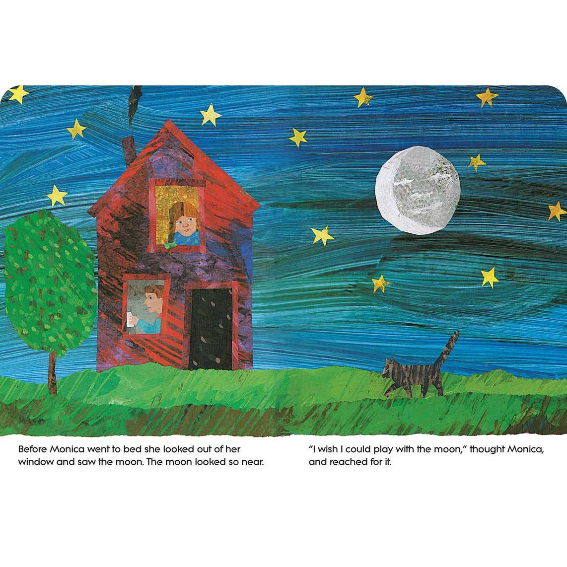 Illustration of a child looking out of a window at a house with a tree and cat, under a starry night sky with a moon.