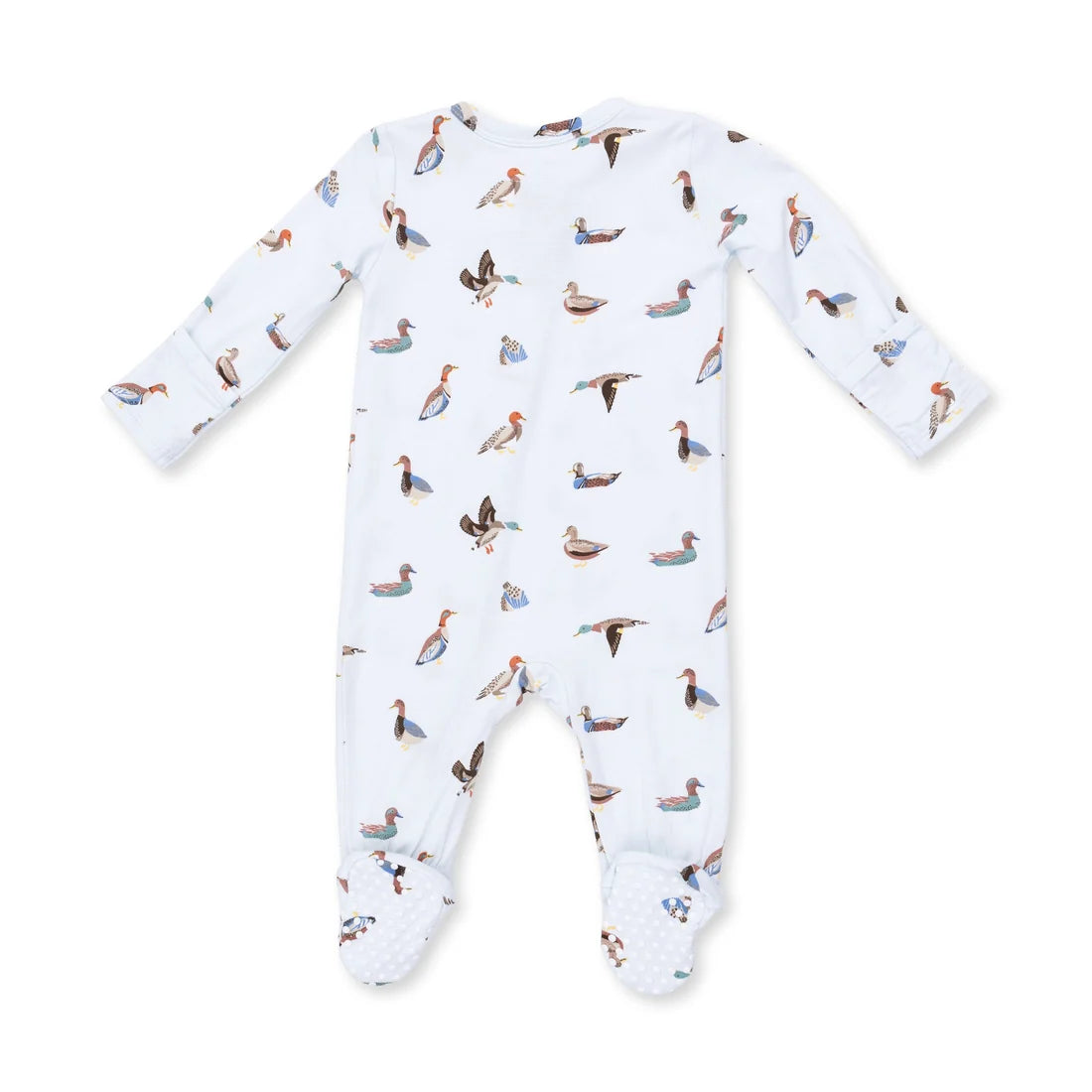 A baby long-sleeve footed sleeper in white, featuring an all-over print of various ducks and geese in muted brown, blue, and orange tones.