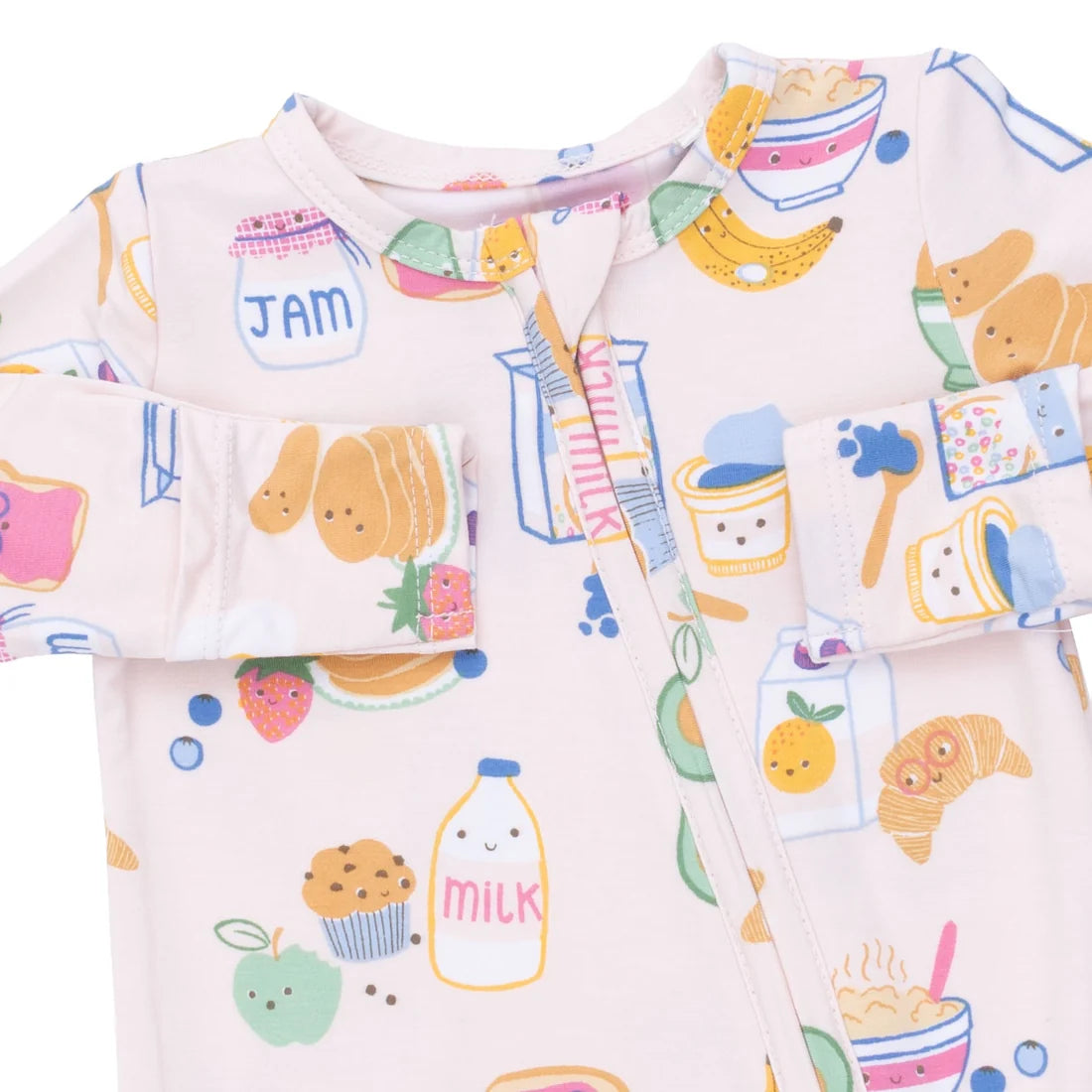 Children's outfit with colorful food-themed pattern on a white background