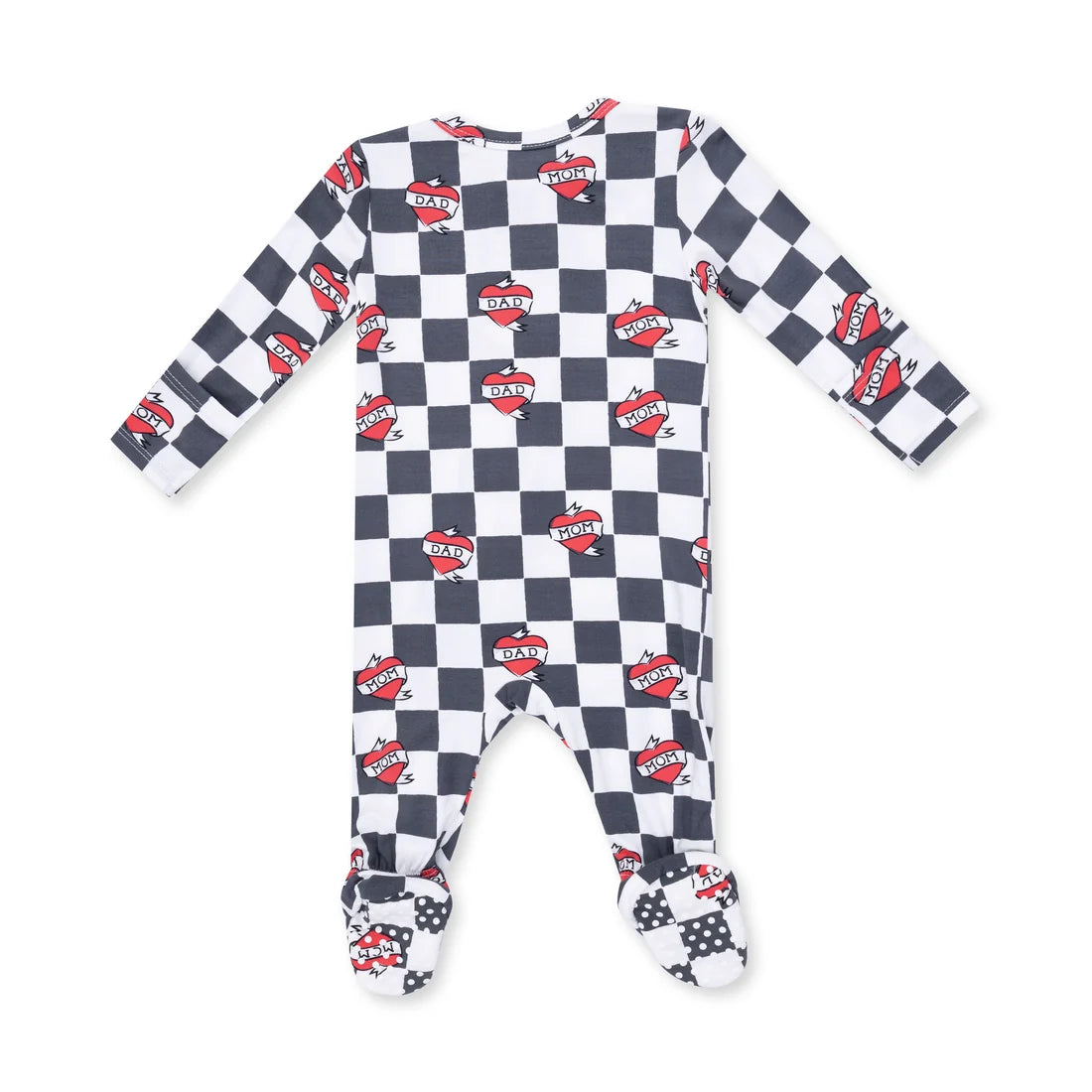 Baby long-sleeve footed sleeper with a black and white checkerboard pattern and red heart-shaped 'BOOM' graphics, shown on a white background.