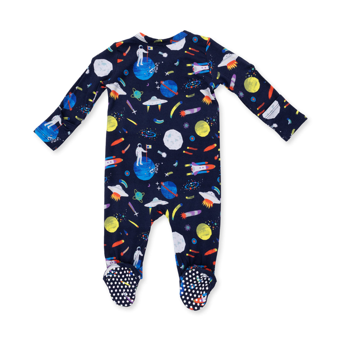 Space-themed baby onesie with colorful planets, stars, and rockets on a white background