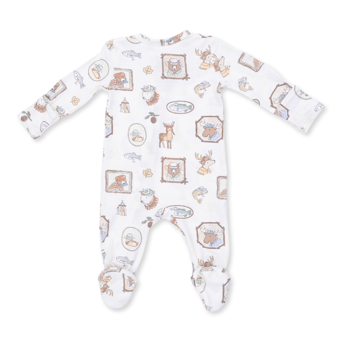 A baby long-sleeve footed sleeper in white fabric with a rustic woodland print featuring deer, moose, fish, and cabin motifs in brown, beige, and light blue.