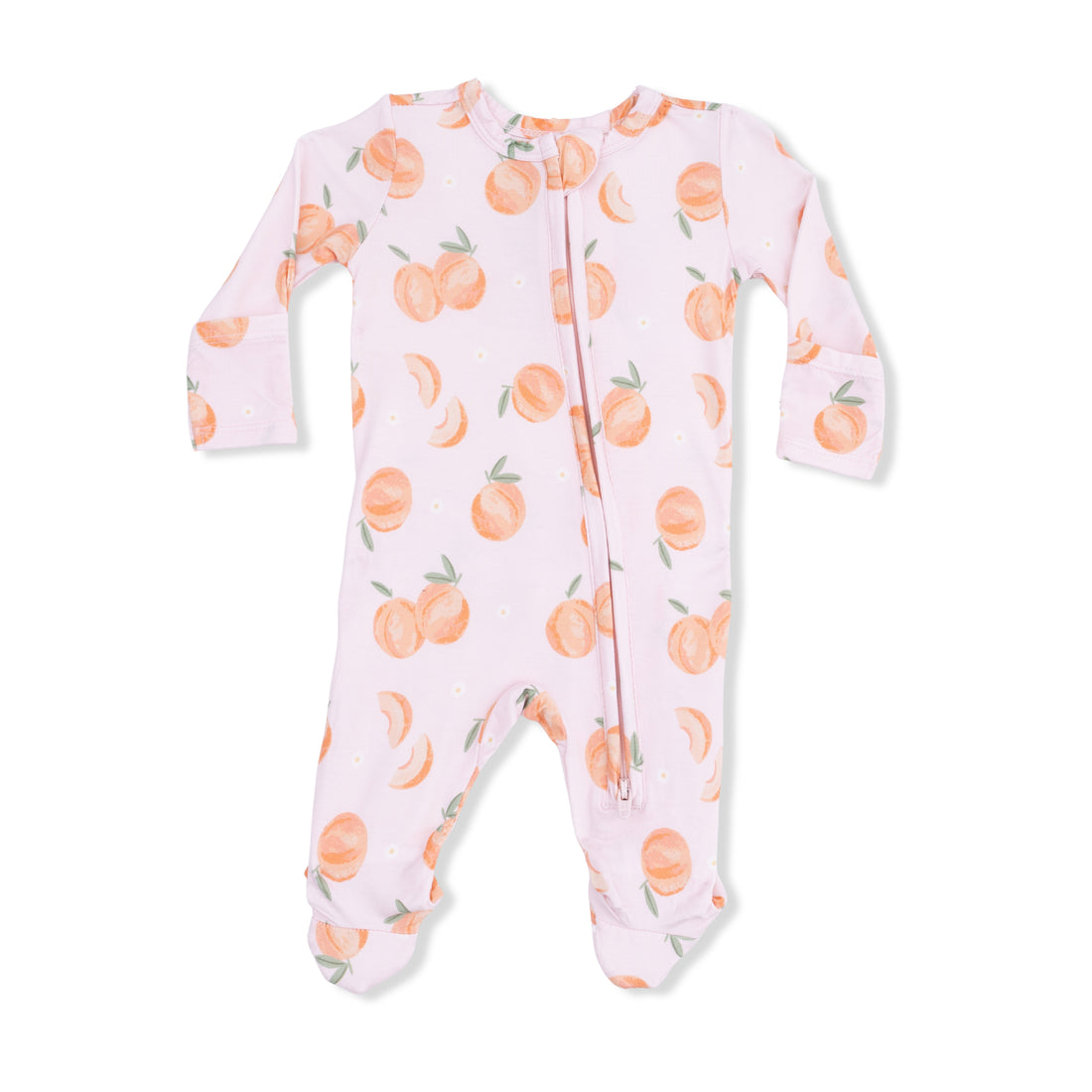 Baby onesie with peach pattern on a white background
