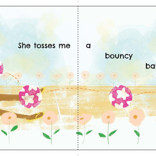 Illustration of two children playing with flowers and a bouncy ball on a sunny day.
